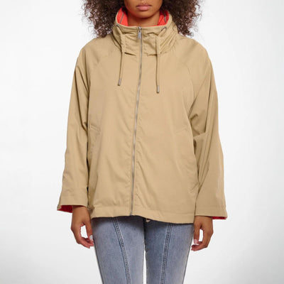 RINO & PELLE Flossy Reversible Short Parka in Pale Camel and Hot Coral