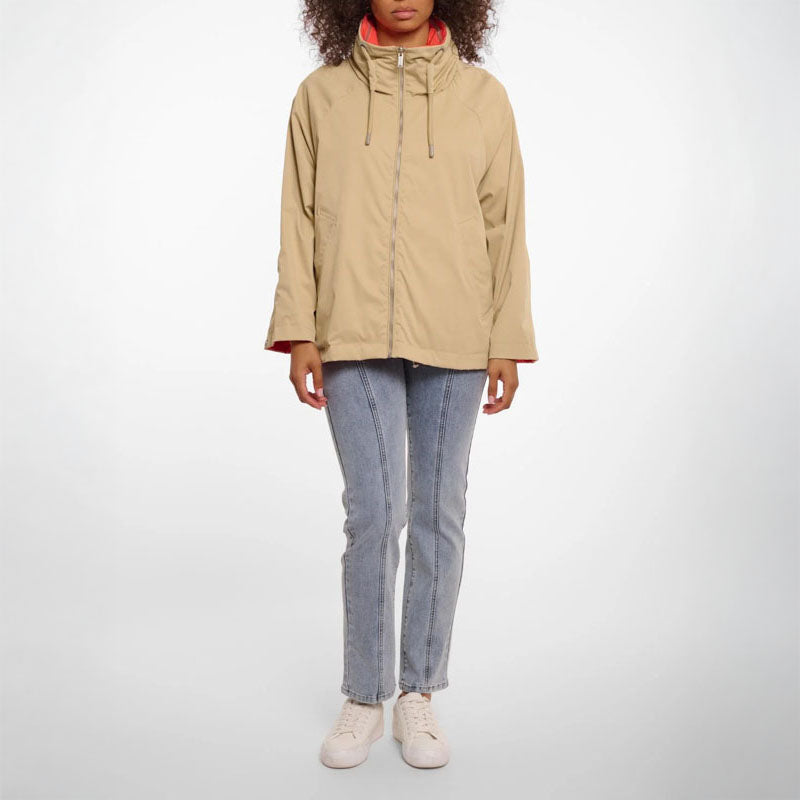 RINO & PELLE Flossy Reversible Short Parka in Pale Camel and Hot Coral