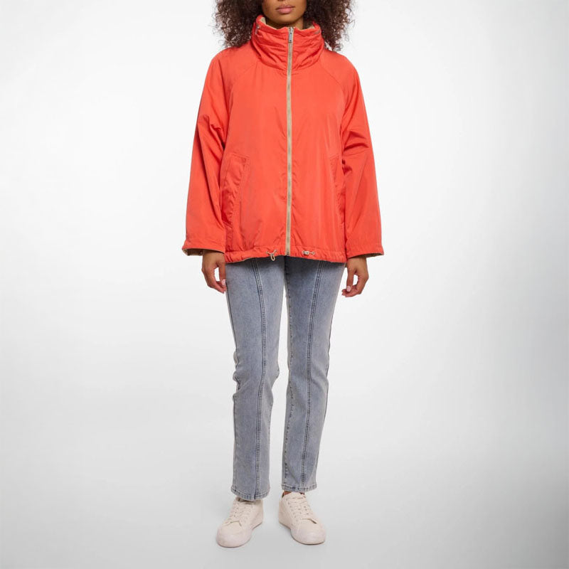 RINO & PELLE Flossy Reversible Short Parka in Pale Camel and Hot Coral