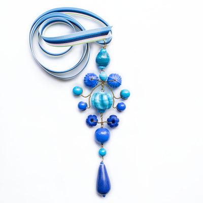 PHILIPPA KUNISCH Grand Gypsy Necklace in Blue Mix with Multi Ribbon