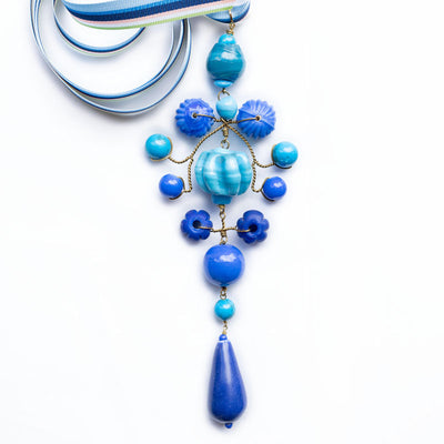 PHILIPPA KUNISCH Grand Gypsy Necklace in Blue Mix with Multi Ribbon