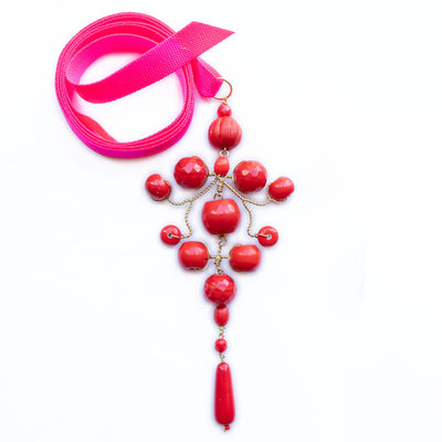 PHILIPPA KUNISCH Grand Gypsy Necklace in Red with Neon Pink Ribbon