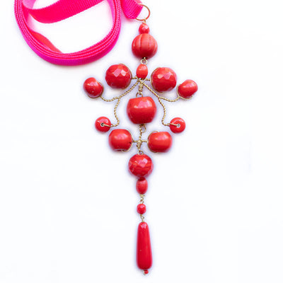 PHILIPPA KUNISCH Grand Gypsy Necklace in Red with Neon Pink Ribbon