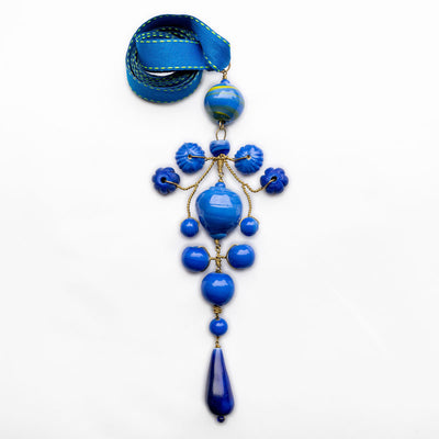 PHILIPPA KUNISCH Grand Gypsy Necklace with Ribbon in Blue