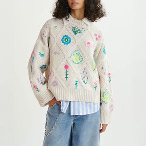 Hadream Embroidered Pullover in Off White