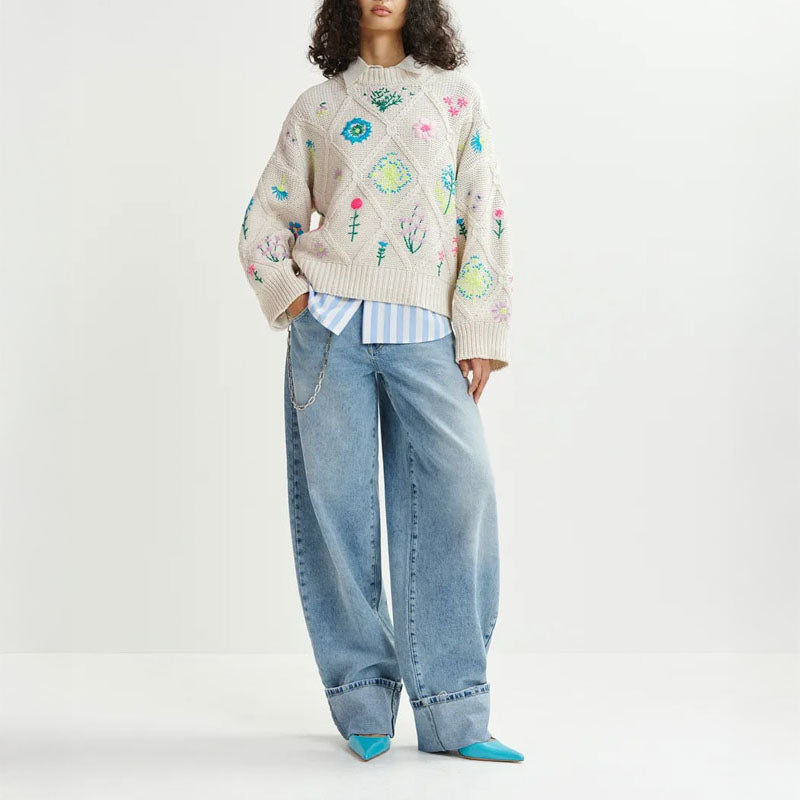 Hadream Embroidered Pullover in Off White