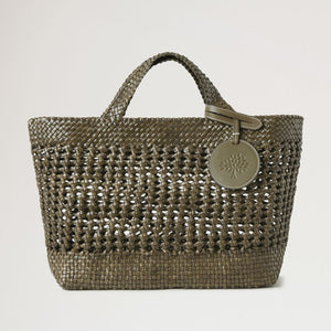 Small Woven Leather Tote in Linen Green