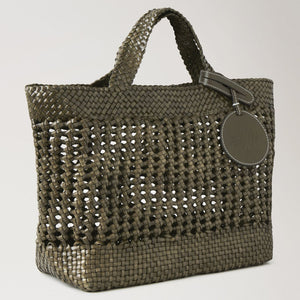 Small Woven Leather Tote in Linen Green