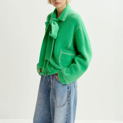 ESSENTIEL ANTWERP Hoops Cardigan with Bow in Pine Needle