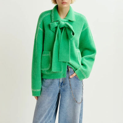 ESSENTIEL ANTWERP Hoops Cardigan with Bow in Pine Needle