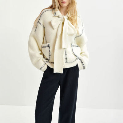 ESSENTIEL ANTWERP Hoops Cardigan with Bow in Sour Cream