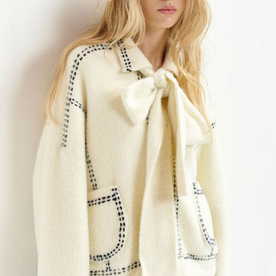 ESSENTIEL ANTWERP Hoops Cardigan with Bow in Sour Cream