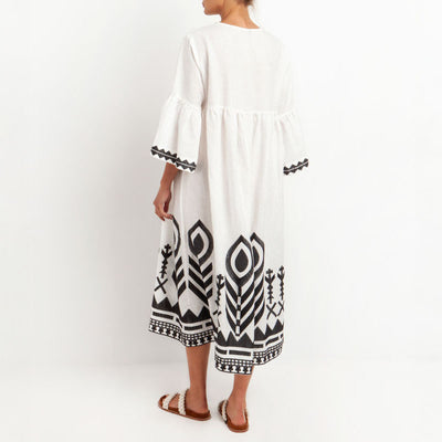 GREEK ARCHAIC KORI Feather Midi Dress in White/Black