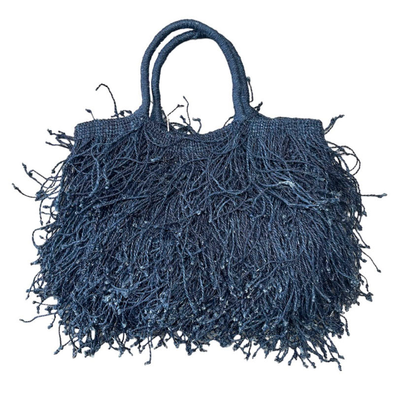 Jute Macrame Long Fringe Bag in Indigo