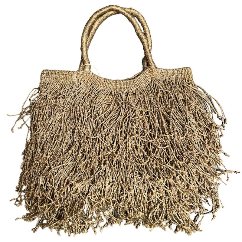 Jute Macrame Long Fringe Bag in Olive