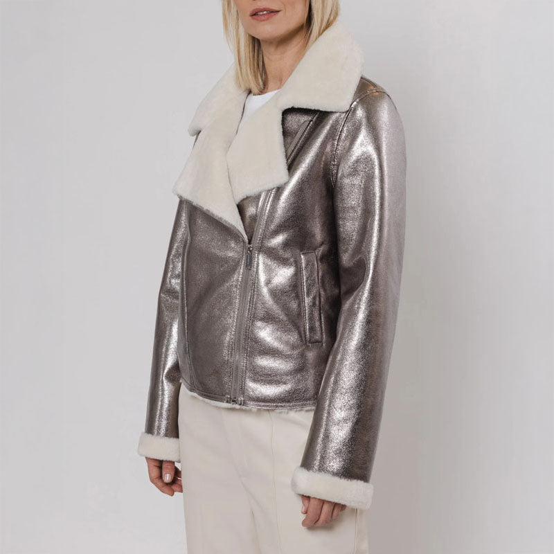 Juno Biker Jacket in Metallic Birch