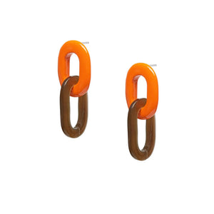 BRANCH JEWELLERY Orange lacquered and Brown Natural Buffalo Horn Oval Link Earrings