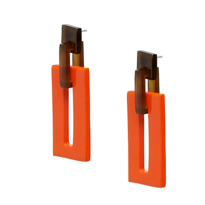 Orange and Brown Rectangle Link Horn Earrings