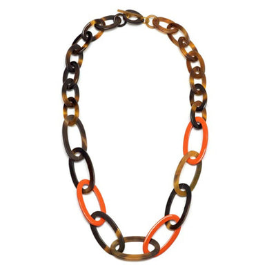 Orange Lacquered and Brown Natural Buffalo Horn Oval Link Necklace