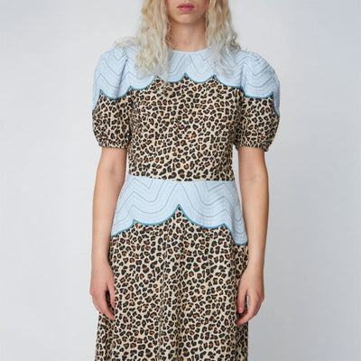 STELLA NOVA Leopard Midi Dress with Embroidery in Leopard