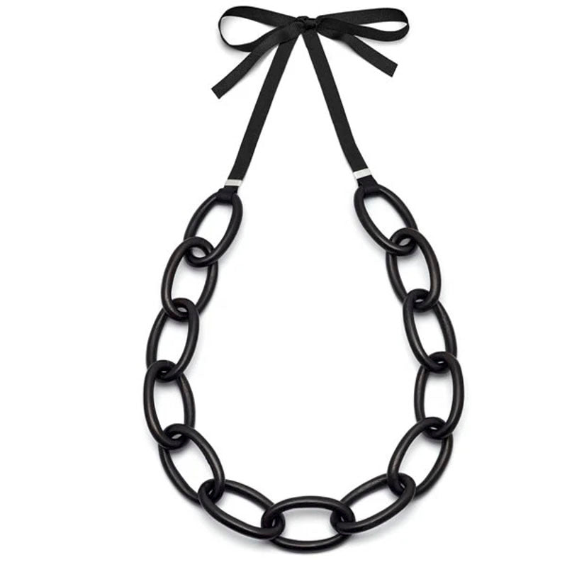 Black Wood Oval Link Necklace with Ribbon and Sterling Silver