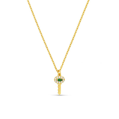 Pave Key Charm Necklace in Emerald