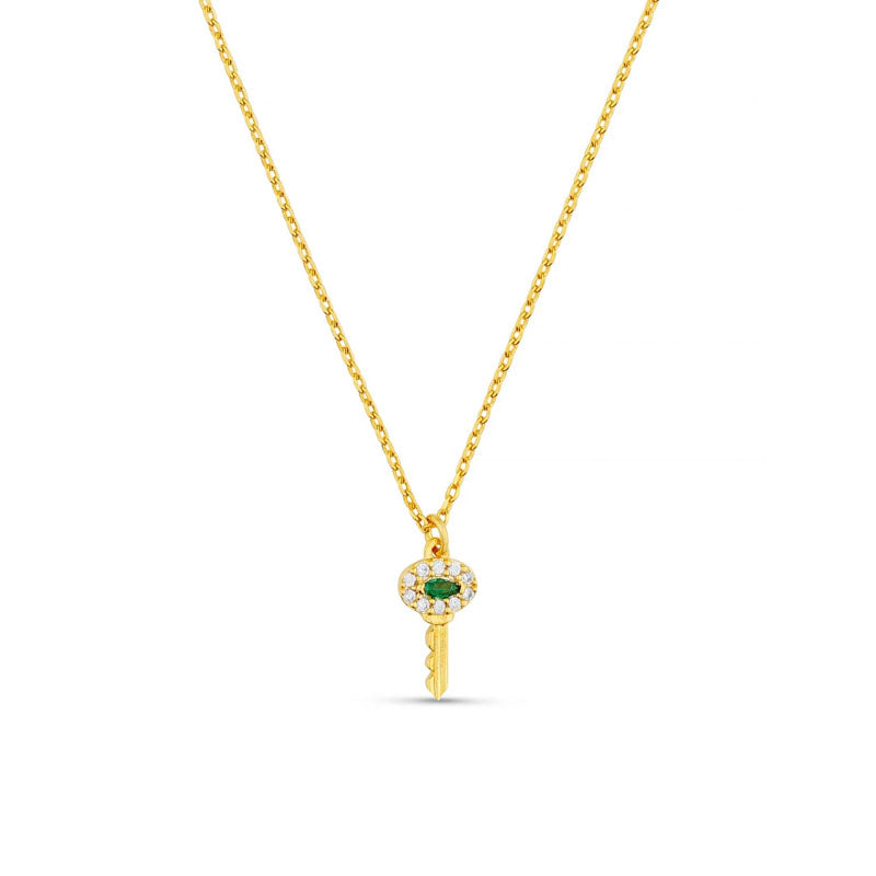 Pave Key Charm Necklace in Emerald