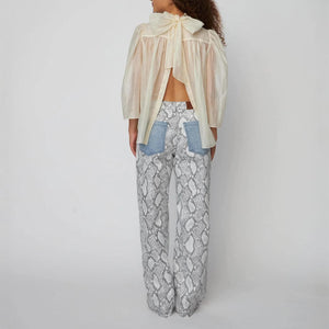 STELLA NOVA Pointelle High-Neck Bow Blouse in Vanilla