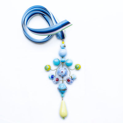 PHILIPPA KUNISCH Ribbon Gypsy Necklace in Pale Blue & Yellow with Multi Ribbon