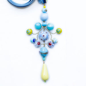 Ribbon Gypsy Necklace in Pale Blue & Yellow with Multi Ribbon