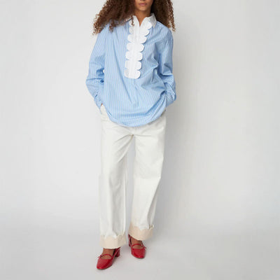 STELLA NOVA Striped Shirt with Scallops in Creme Blue Stripes