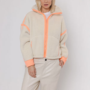 Tova Cropped Teddy Jacket in Snow White/Papaya