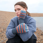 Tuck Stitch Fingerless Gloves in Aqua/Orange