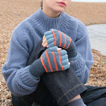 Tuck Stitch Fingerless Gloves in Aqua/Orange