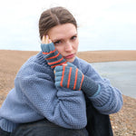 Tuck Stitch Fingerless Gloves in Aqua/Orange