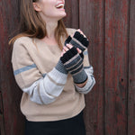 Tuck Stitch Fingerless Gloves in Black/Camel