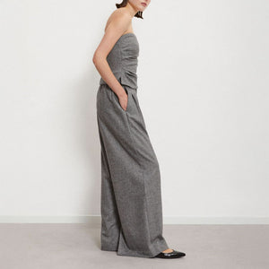 Tweed Palazzo Pleated Trousers in White/Black