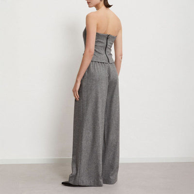 OTTOD AME Tweed Palazzo Pleated Trousers in White/Black