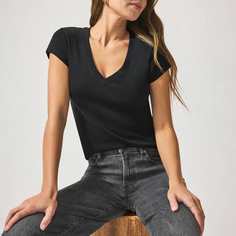 SPLENDID Faye 1x1 V-Neck Tee in Black