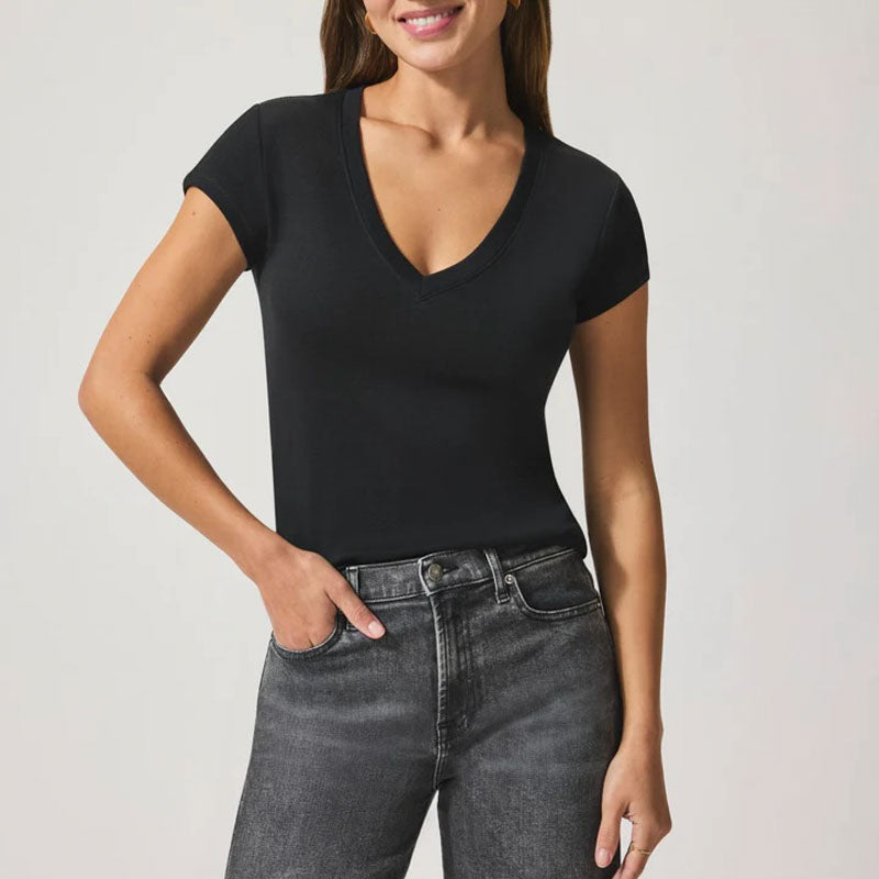 SPLENDID Faye 1x1 V-Neck Tee in Black