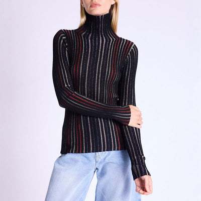 A Glitter Lurex Stripe Roll Neck in Black Multi