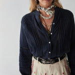 Angela L/S Pleated Blouse in Navy