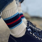 Mens Carlos Crew Length Socks in White/Blue/Red