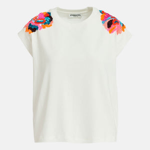 Fequins Embroidered T Shirt in Off White