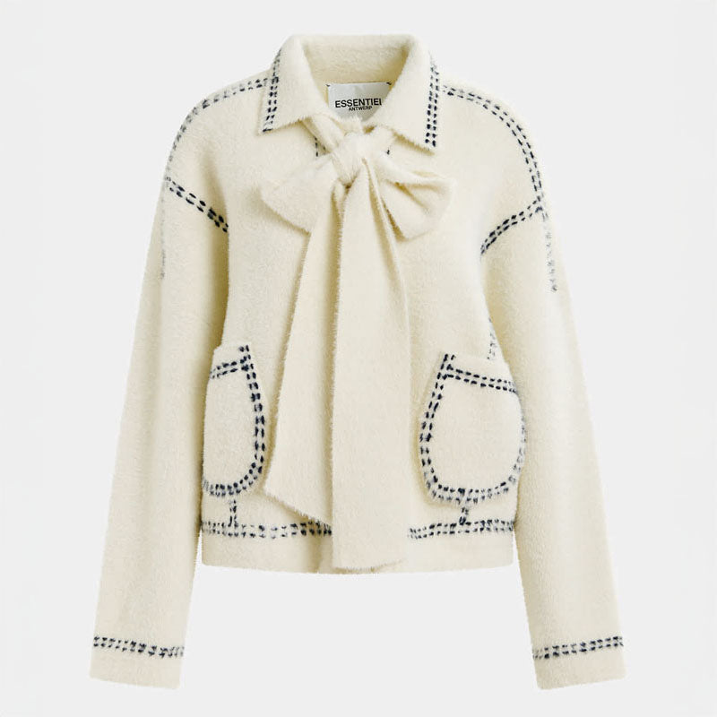 ESSENTIEL ANTWERP Hoops Cardigan with Bow in Sour Cream