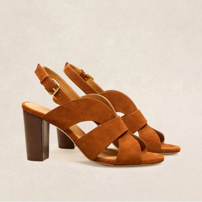 RIVECOUR Sandal 55 Suede Block Heel in Cognac