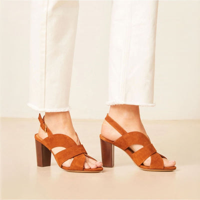 RIVECOUR Sandal 55 Suede Block Heel in Cognac