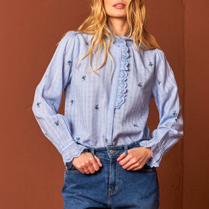 Ruffle Detail Embroidered L/S Shirt in Provence