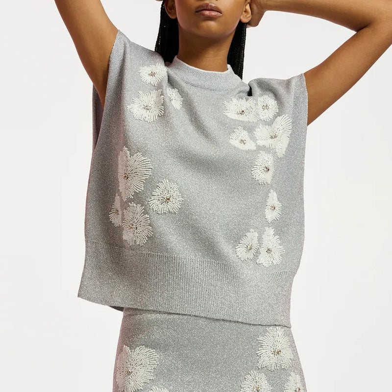 Eruby Embroidered Knit in Silver/Off White