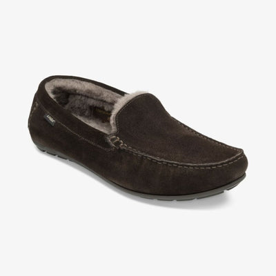 LOAKE Guards Shearling Lined Suede Slippers in Dark Brown